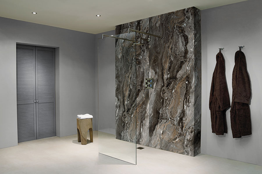 Bushboard nuance grey paladina wall panels in walk-in shower