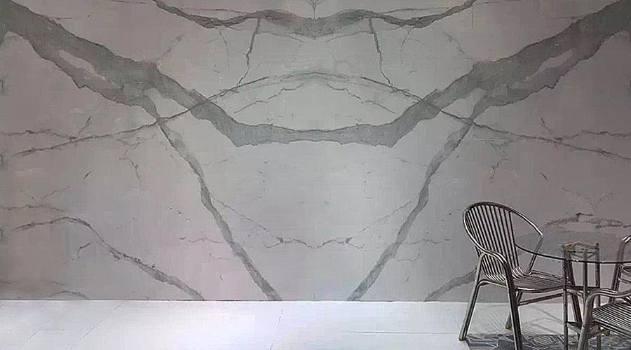 24 Porcel-Thin Calacatta Book Match white marble effect porcelain tiles create one large stunning pattern