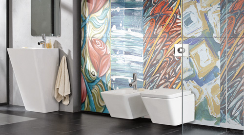 A modern bathroom featuring ARTS REVERIE Porcel Thin ART Collection porcelain tiles