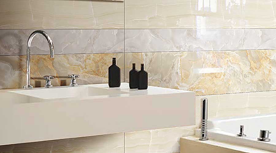 Ferrara marble effect porcelain tiles by Porcel-Thin in a luxury bathroom