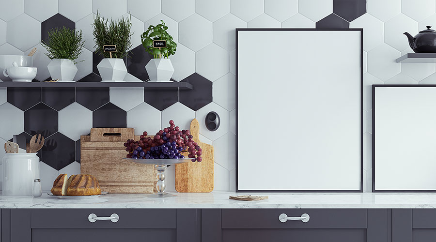 Hexagonal tiled splashback in kitchen