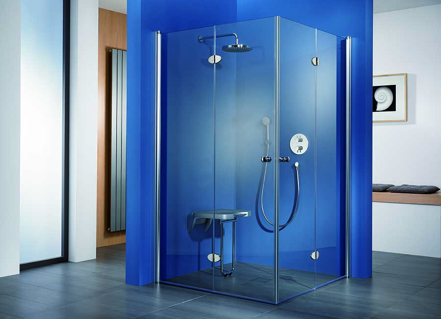 Luxury HSK corner entry shower with twin doors and wetroom floor for easy access