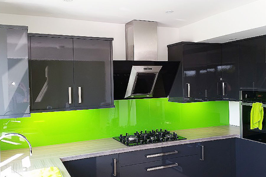 Back painted green glass kitchen splashback