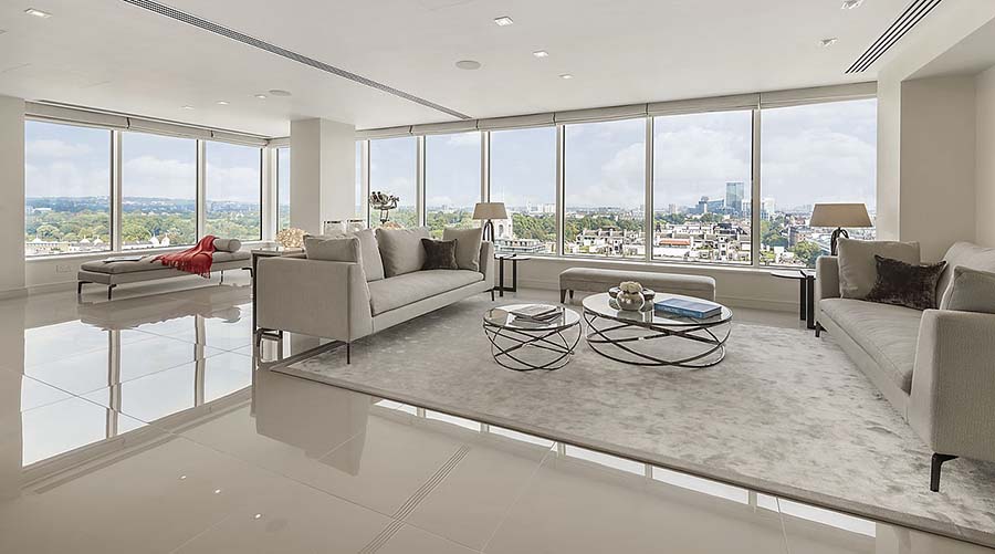 Electric underfloor heating used with ultra-thin porcelain tiles in a large luxury London apartment