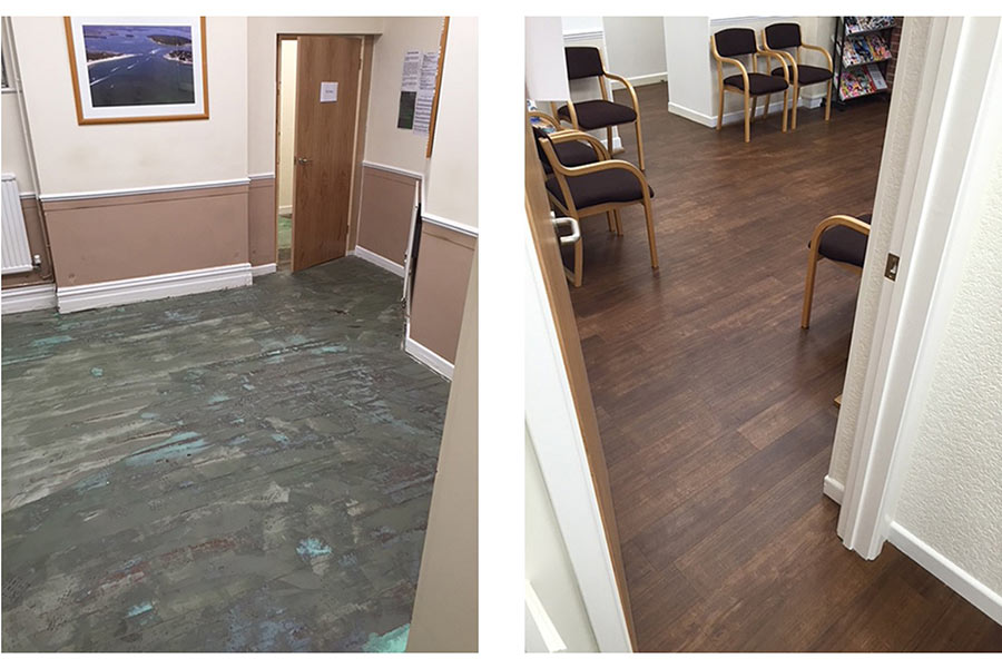 The main waiting room at Dentistry @ 68 before and after refurbishment works by UK Tiles Direct