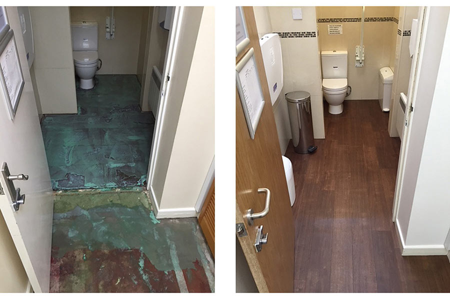 New customer toilets with Karndean flooring at a dentist in Poole by UK Tiles Direct