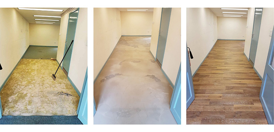 Removing old carpet before applying levelling compound and finally Karndean oak effect vinyl flooring