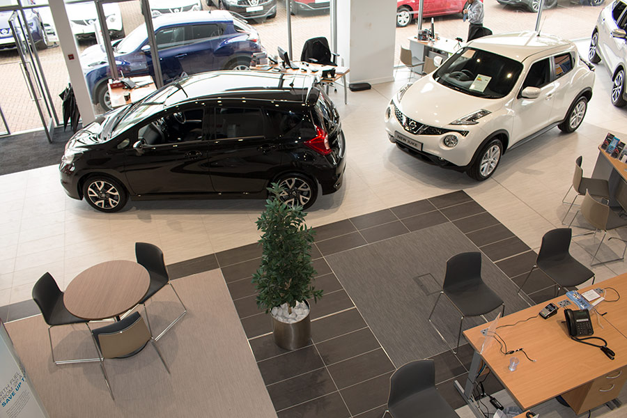Yeomans Nissan car showroom tiled with porcelain floor tiles by UK Tiles Direct