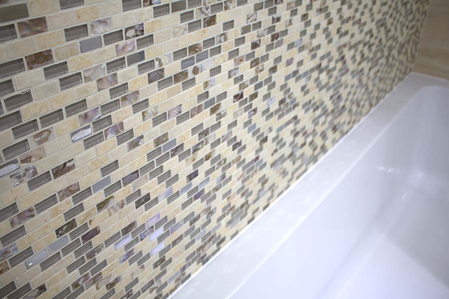 Beautiful Nacar Arena stone and glass mosaic tiles on display in Wareham at UK Tiles Direct