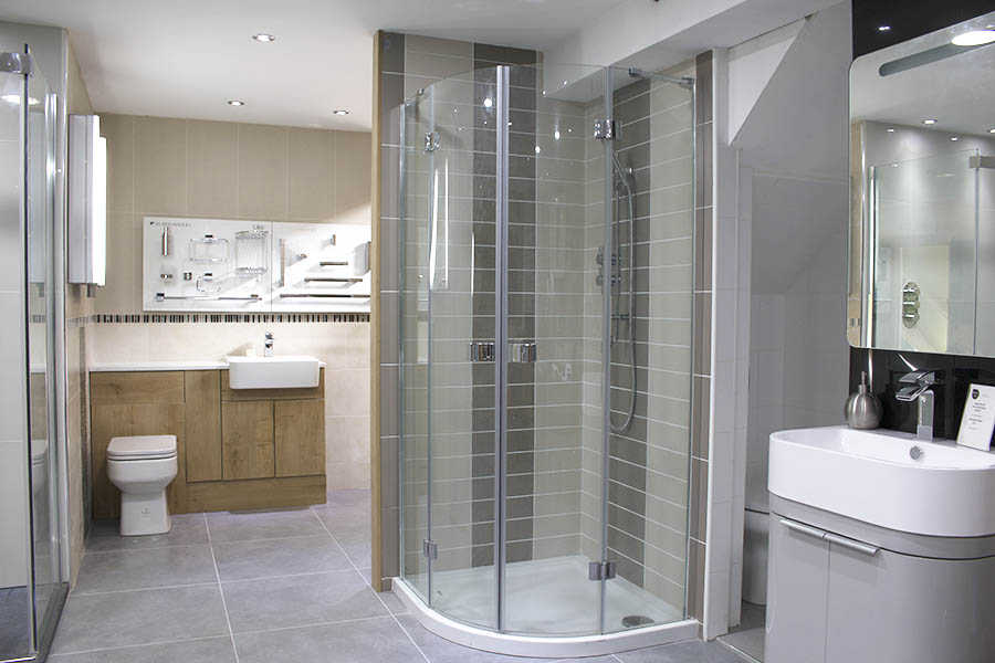 The large Room H2o bathroom showroom includes taps showers fitted furniture and glass shower enclosures